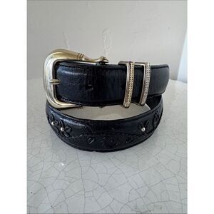 Brighton Vintage Black Floral Embossed Leather Belt Silver-Tone Buckle Sz S (28)